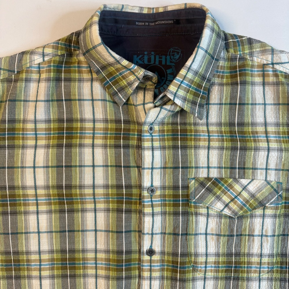 Kuhl Button Down Shirt Mens Medium Green Plaid Short Sleeve Stretch Outdoor